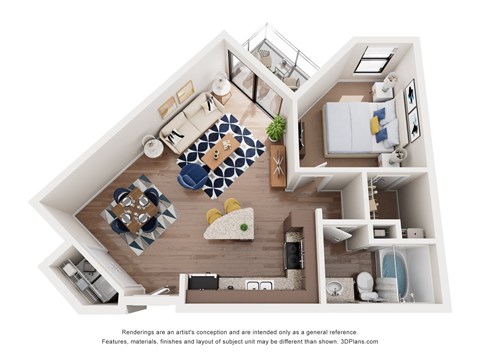 A 3D floor plan of a house with a kitchen, living room, and bathroom.